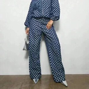 Blue Casual Women's Wide Leg Carpenter Checkboard Jeans